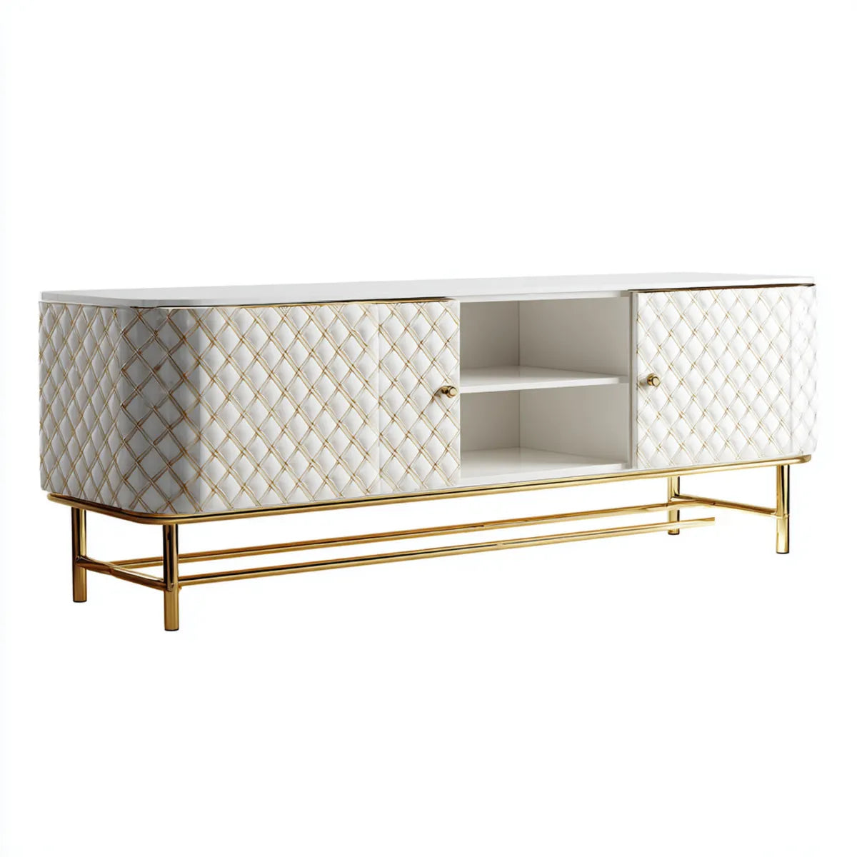 Meuble TV rectangulaire blanc et doré 160 x 40 x 58 cm en panneaux MDF et acier inoxydable avec 2 portes