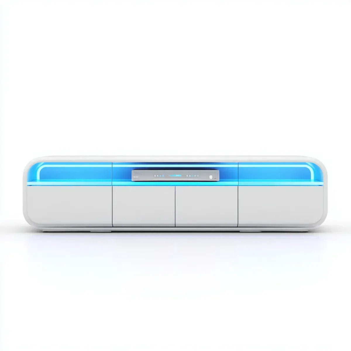 Meuble TV blanc à éclairage LED bleu en MDF laqué forme rectangulaire arrondie 180 x 40 x 50 cm