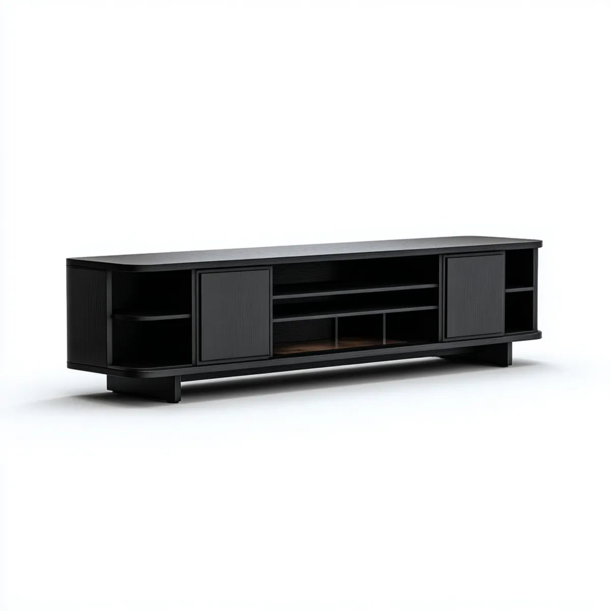 Meuble TV noir 180 x 40 x 50 cm en panneaux MDF mélaminés rectangulaire avec 2 portes et rangements ouverts
