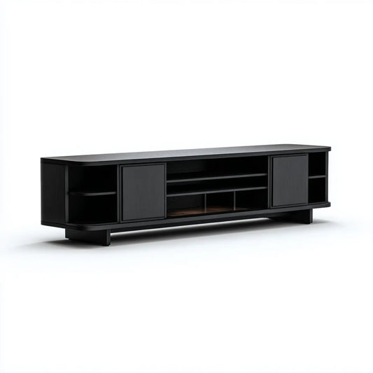 Meuble TV noir 180 x 40 x 50 cm en panneaux MDF mélaminés rectangulaire avec 2 portes et rangements ouverts