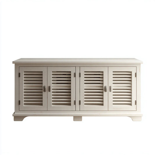 Meuble TV à 4 portes persiennées blanc en bois massif et MDF 180 x 45 x 80 cm rectangulaire
