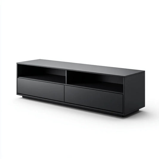 Meuble TV noir à 2 tiroirs et 2 niches en panneaux de particules 160 x 40 x 45 cm rectangulaire