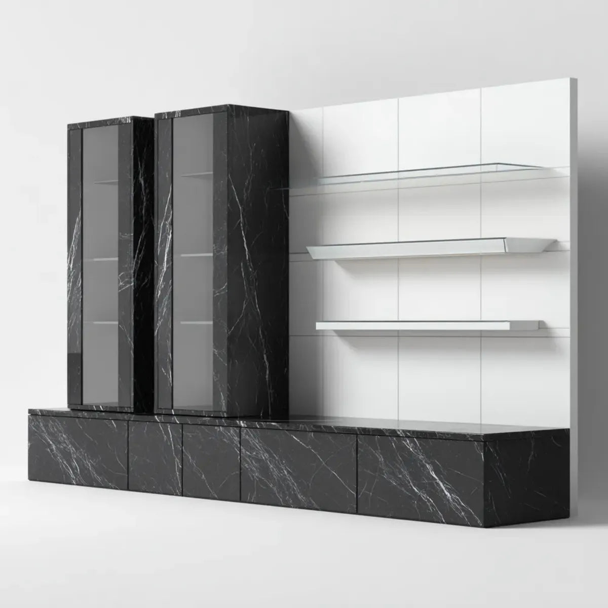 Ensemble mural TV noir et blanc effet marbre avec vitrines étagères et meuble bas 300 x 40 x 180 cm