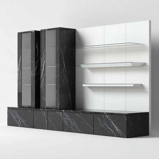 Ensemble mural TV noir et blanc effet marbre avec vitrines étagères et meuble bas 300 x 40 x 180 cm