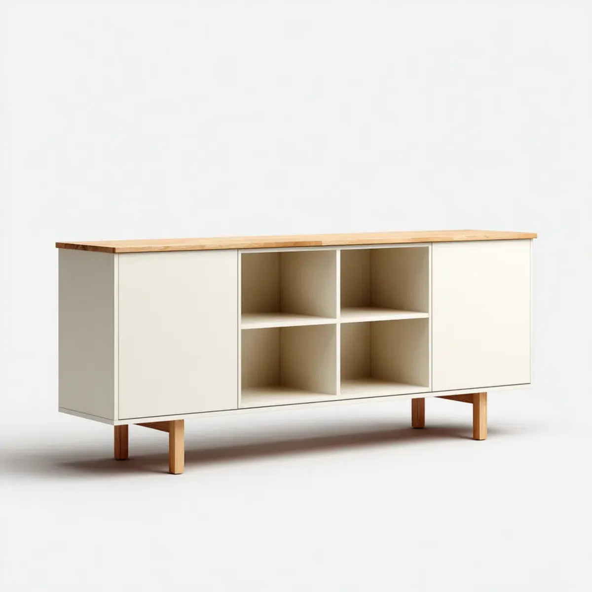 Meuble TV avec rangement blanc et bois naturel en MDF et bois massif rectangulaire 160 x 40 x 80 cm