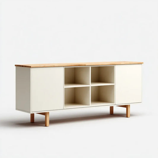 Meuble TV avec rangement blanc et bois naturel en MDF et bois massif rectangulaire 160 x 40 x 80 cm
