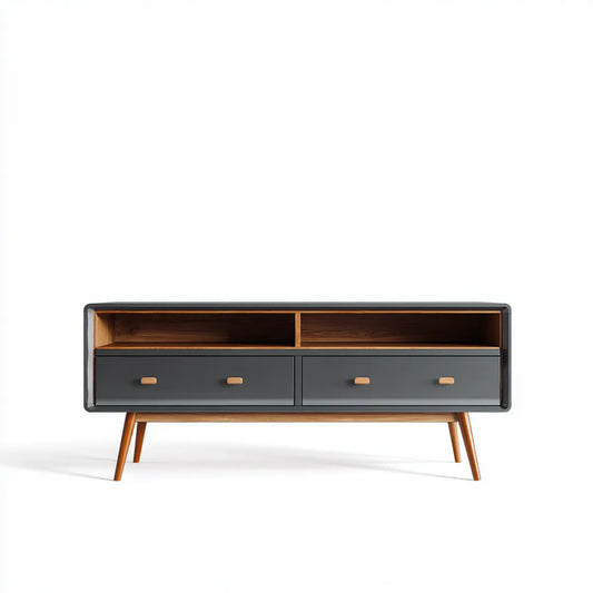 Meuble TV 2 tiroirs 2 niches gris anthracite effet noyer 140 x 40 x 75 cm en panneaux MDF rectangulaire