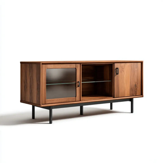 Meuble TV rectangulaire noyer 160 x 40 x 70 cm en panneaux MDF plaqués noyer avec portes coulissantes