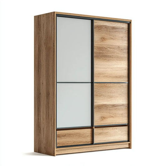 Armoire de chambre à portes coulissantes chêne et miroir 150 x 60 x 220 cm en panneaux de particules mélaminés rectangulaire
