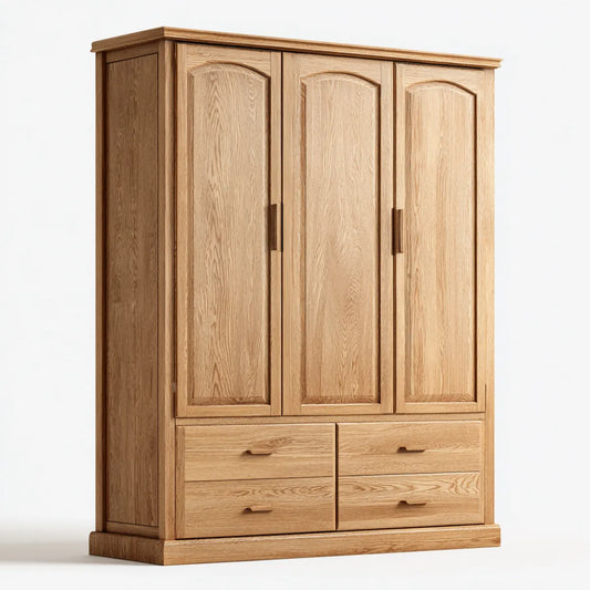Armoire 3 portes 4 tiroirs chêne naturel 150 x 60 x 200 cm en chêne massif rectangulaire