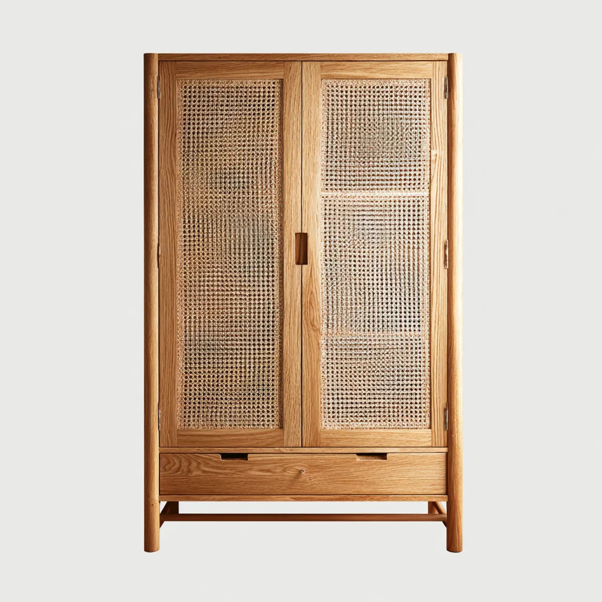 Armoire de chambre 2 portes avec tiroir chêne massif et rotin naturel 100 x 50 x 180 cm