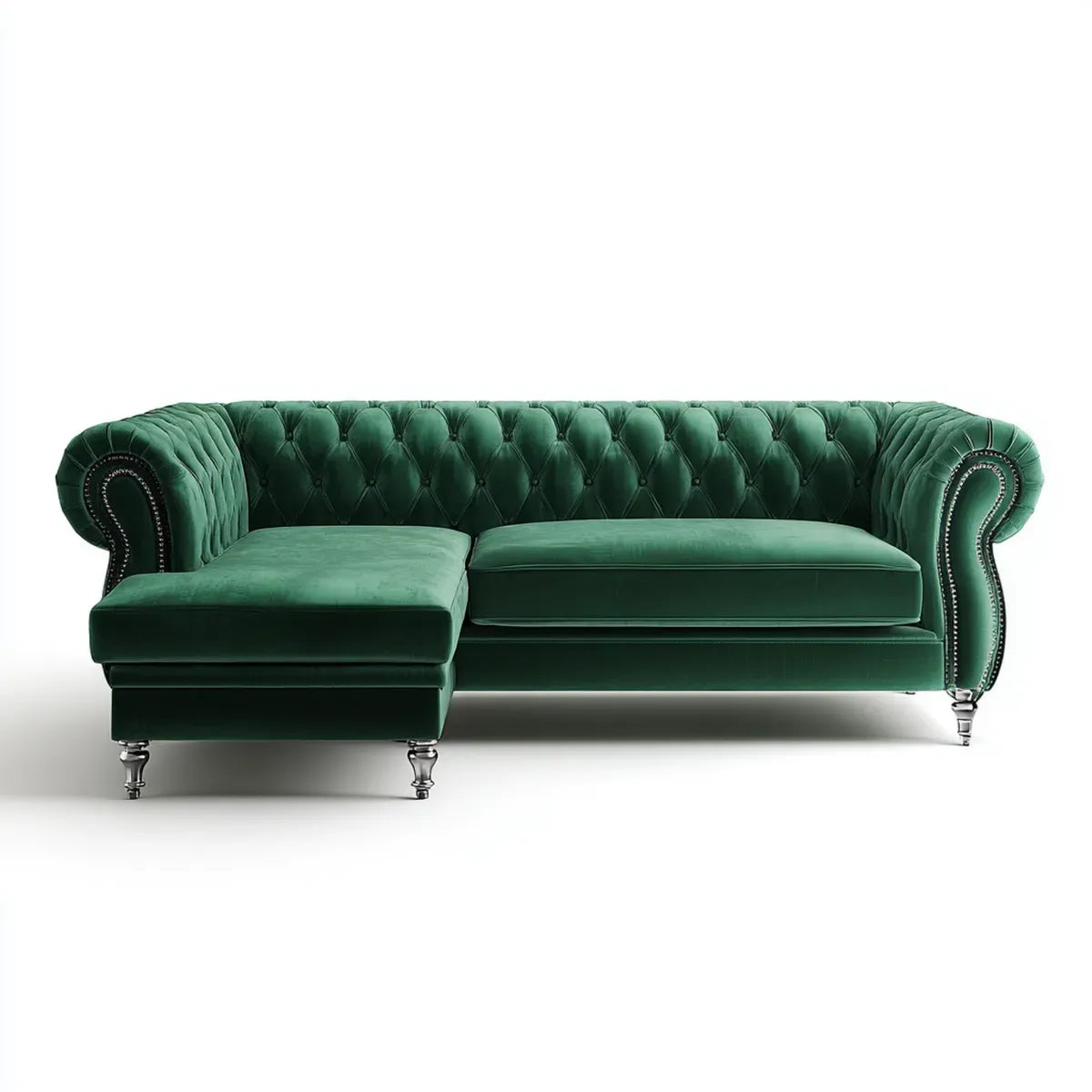 Canapé d'angle Chesterfield vert émeraude en velours de polyester avec méridienne gauche 250 x 160 x 75 cm