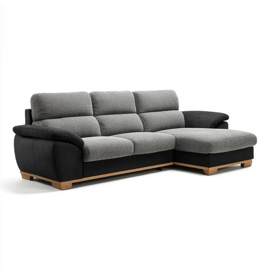 Canapé d'angle 3 places avec méridienne droite gris anthracite et noir en polyester forme L 250 x 160 x 90 cm
