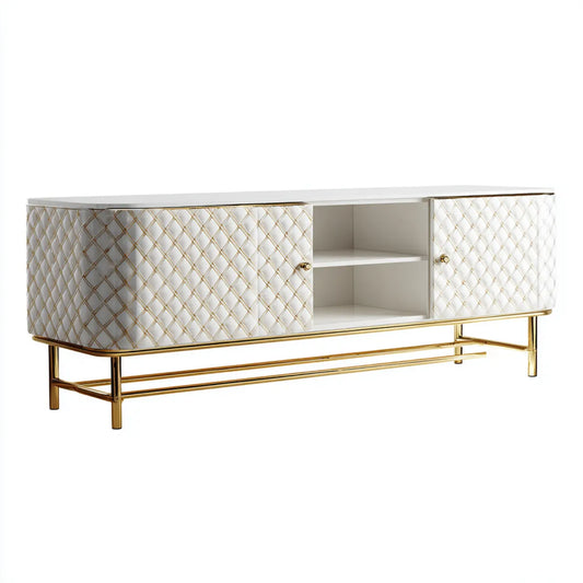 Meuble TV rectangulaire blanc et doré 160 x 40 x 58 cm en panneaux MDF et acier inoxydable avec 2 portes