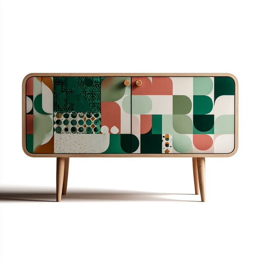 Meuble TV 2 portes vert rose et beige 120 x 40 x 75 cm en contreplaqué de bouleau rectangulaire à angles arrondis