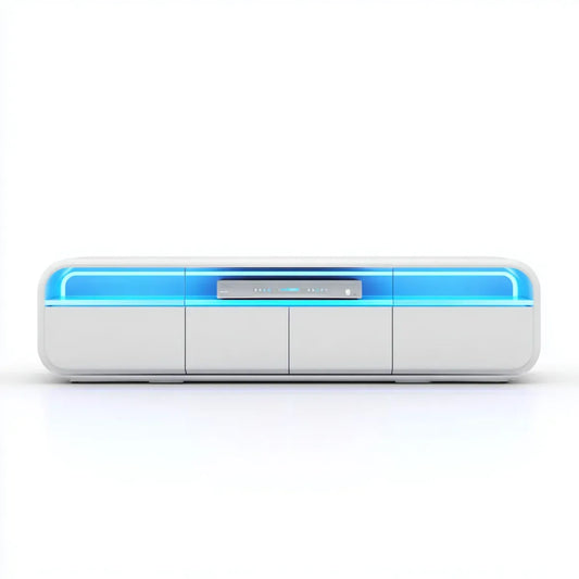 Meuble TV blanc à éclairage LED bleu en MDF laqué forme rectangulaire arrondie 180 x 40 x 50 cm