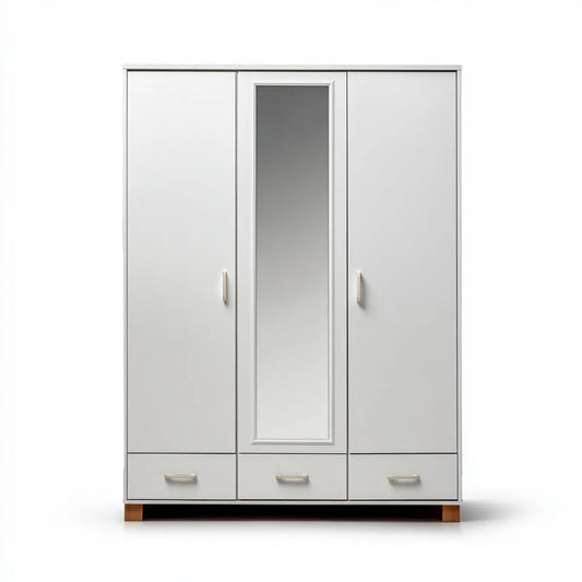 Armoire de chambre 3 portes 3 tiroirs blanche avec miroir 120 x 50 x 190 cm en panneaux de particules mélaminés rectangulaire