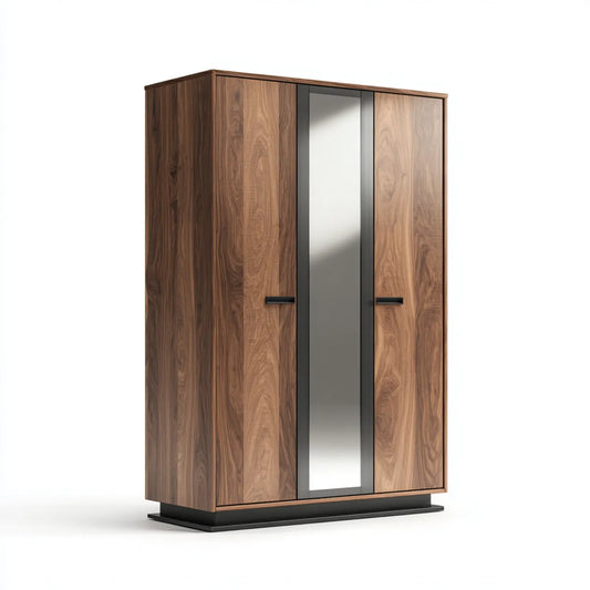 Armoire de chambre 3 portes avec miroir noyer et noir 120 x 60 x 200 cm en panneaux de particules forme rectangulaire