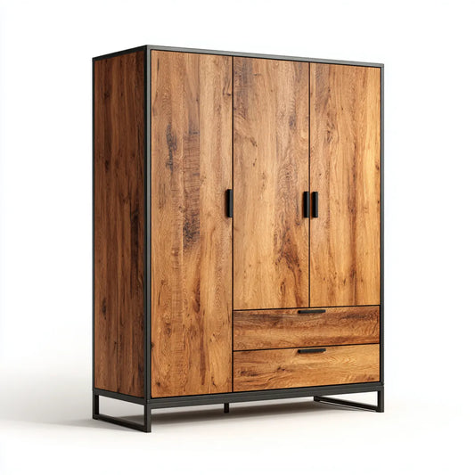 Armoire de chambre 3 portes 2 tiroirs chêne naturel noir 120 x 55 x 200 cm panneaux de particules forme rectangulaire