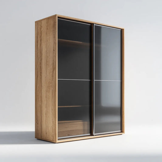 Armoire à portes coulissantes chêne naturel et gris fumé 120 x 60 x 200 cm en panneaux de particules et verre trempé
